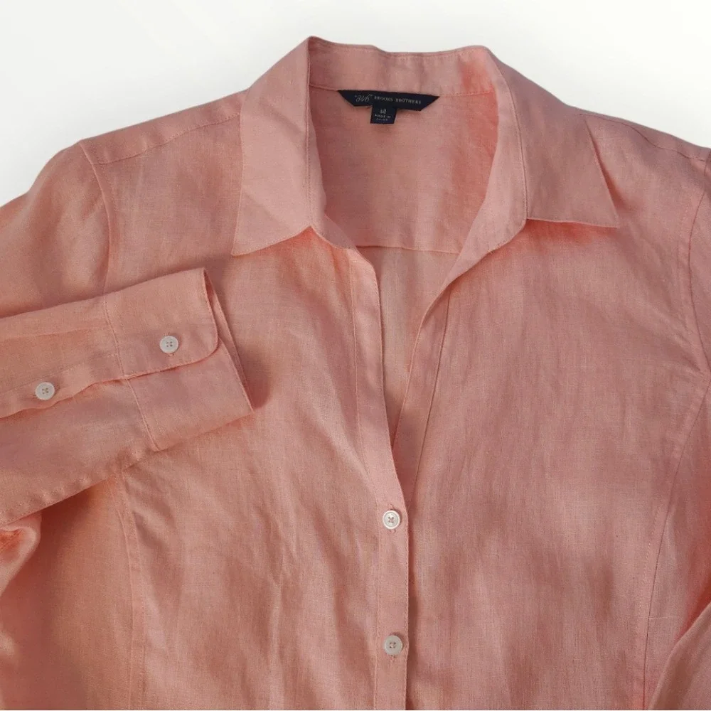 Brooks Brothers 346 Womens Linen Button Down Shirt Coral Peach Long Sleeve 14 - Picture 2 of 9
